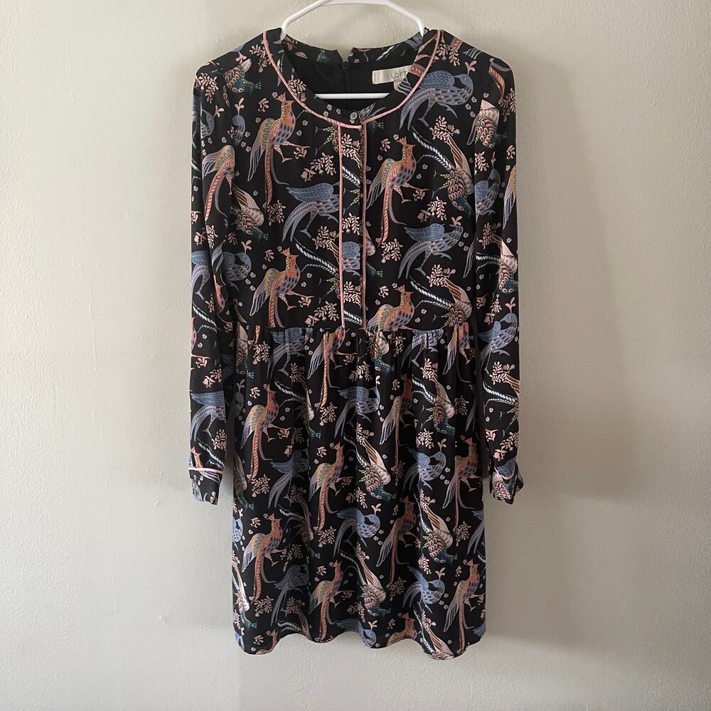 Ann Taylor Loft Womens 0 Chinoiserie Dress Black Multicolor Birds Flowers Mini